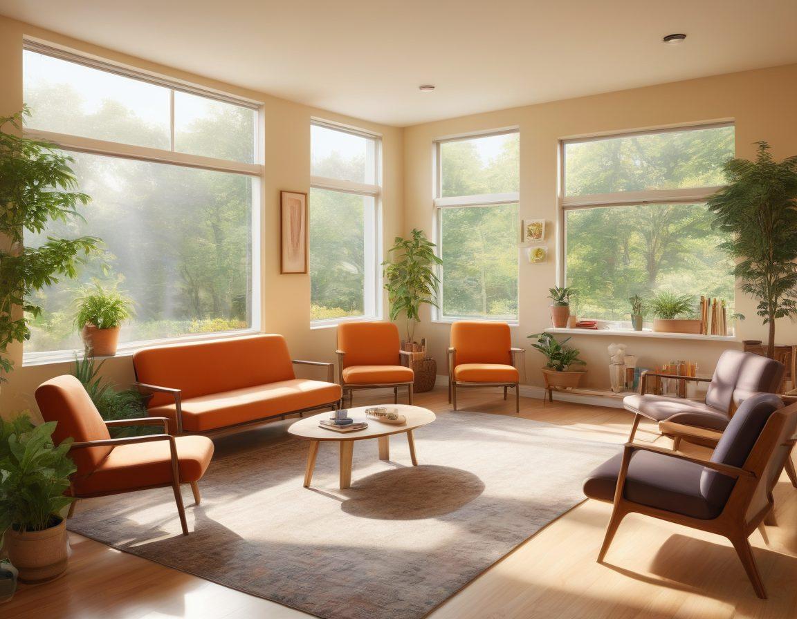 A serene, welcoming therapy room filled with natural light, showcasing various therapy tools such as art supplies, books, and comfortable seating. In the background, a diverse group of people is engaged in a supportive discussion, symbolizing community resources and collaboration. Include vibrant greenery outside the window to represent hope and growth. super-realistic. warm colors. inviting atmosphere.