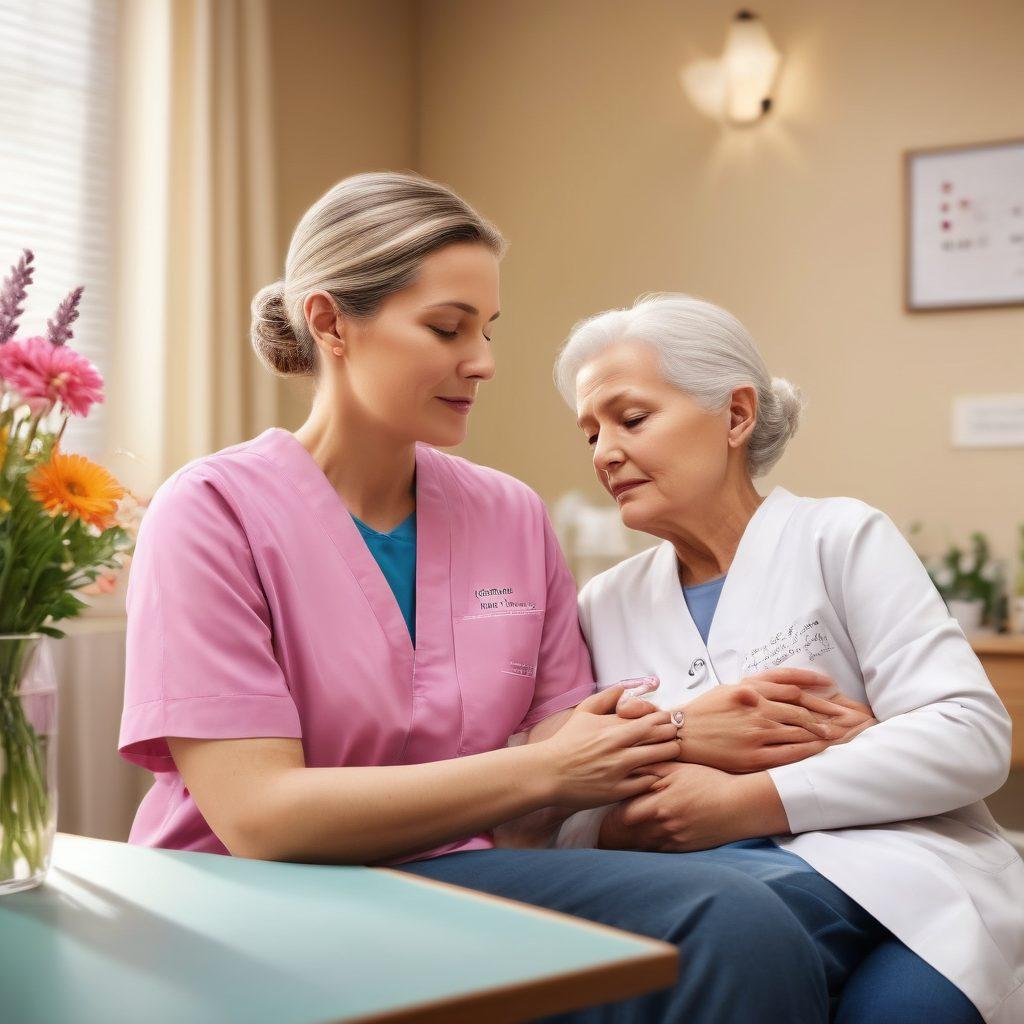 A compassionate healthcare professional comforting a cancer patient in a warm, inviting clinic. Surround them with symbols of hope, such as blooming flowers and supportive family members in the background. Show a heartfelt interaction conveying empathy and encouragement, with soft lighting to create a soothing atmosphere. super-realistic. warm tones. vibrant colors.